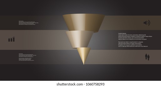 3D illustration infographic template with motif of horizontally sliced cone to three brown parts which are shifted. Simple sign and text is in color banners. Dark grey gradient is used as background.