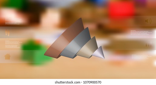 3D illustration infographic template with motif of sliced cone to four color parts which are shifted, spilled and askew arranged. Simple sign and text is in color banners. Background is blurred photo.