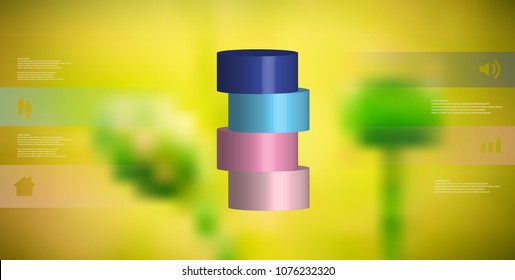 3D illustration infographic template with motif of horizontally sliced cylinder to four color parts which are shifted. Simple sign and text is in color banners. Background is blurred photo.