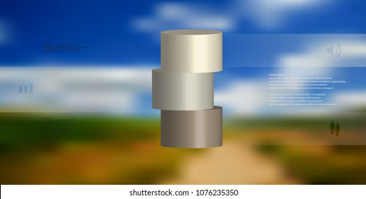 3D illustration infographic template with motif of horizontally sliced cylinder to three brown parts which are shifted. Simple sign and text is in color banners. Background is blurred photo.