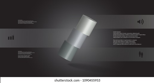 3D illustration infographic template with motif of horizontally sliced cylinder to three grey parts which are askew arranged. Simple sign and text is in color banners. Background is dark grey.
