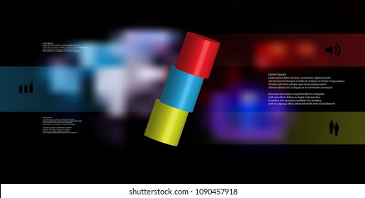 3D illustration infographic template with motif of horizontally sliced cylinder to three color parts which are askew arranged. Simple sign and text is in color banners. Background is blurred photo.