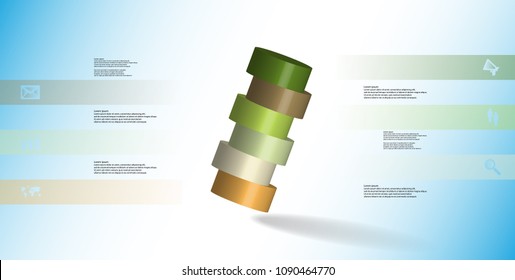 3D illustration infographic template with motif of horizontally sliced cylinder to six color parts which are askew arranged. Simple sign and text is in color banners. Background is light blue.