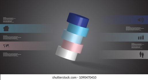 3D illustration infographic template with motif of horizontally sliced cylinder to five color parts which are askew arranged. Simple sign and text is in color banners. Background is dark grey.