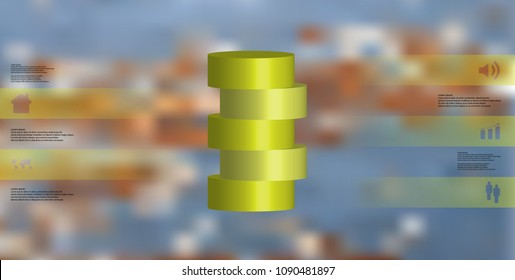 3D illustration infographic template with motif of horizontally sliced cylinder to five green parts which are shifted. Simple sign and text is in color banners. Background is blurred photo.