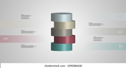 3D illustration infographic template with motif of horizontally sliced cylinder to five color parts which are shifted. Simple sign and text is in color banners. Background is light grey.