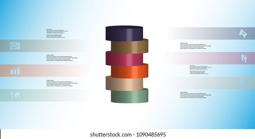 3D illustration infographic template with motif of horizontally sliced cylinder to six color parts which are shifted. Simple sign and text is in color banners. Background is light blue.