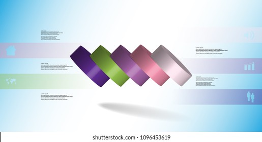 3D illustration infographic template with motif of horizontally sliced cylinder to five color parts which are spilled. Simple sign and text is in color banners. Background is light blue.