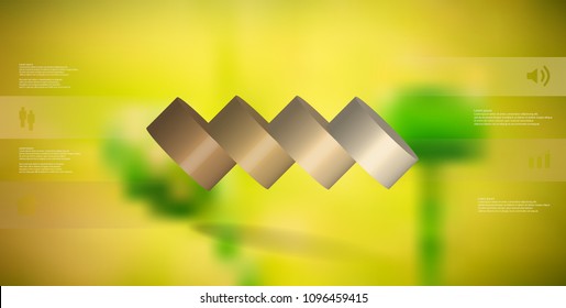 3D illustration infographic template with motif of horizontally sliced cylinder to four brown parts which are spilled. Simple sign and text is in color banners. Background is blurred photo.