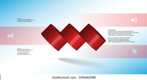 3D illustration infographic template with motif of horizontally sliced cylinder to three red parts which are spilled. Simple sign and text is in color banners. Background is light blue.