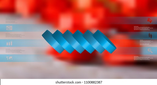 3D illustration infographic template with motif of horizontally sliced cylinder to six blue parts which are spilled. Simple sign and text is in color banners. Background is blurred photo.