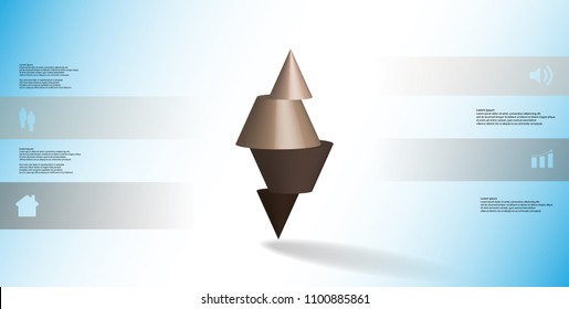 3D illustration infographic template with motif of horizontally sliced spiked cone to four brown parts stands on top. Simple sign and text is in color banners. Background is light blue.