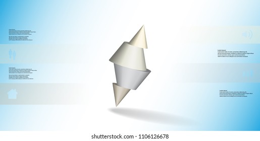 3D illustration infographic template with motif of sliced spiked cone to four color parts and askew arranged. Simple sign and text is in color banners. Background is light blue.