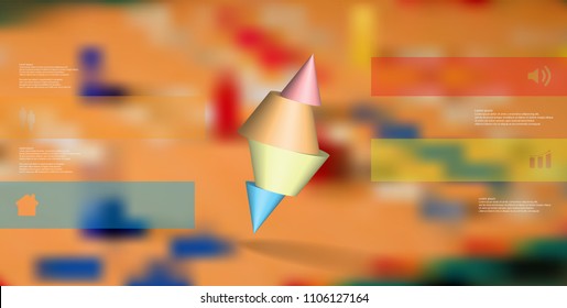 3D illustration infographic template with motif of sliced spiked cone to four color parts and askew arranged. Simple sign and text is in color banners. Background is blurred photo.