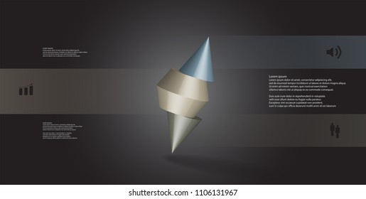 3D illustration infographic template with motif of sliced spiked cone to three color parts and askew arranged. Simple sign and text is in color banners. Background is dark grey.