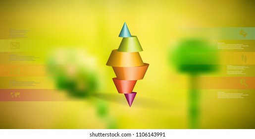 3D illustration infographic template with motif of horizontally sliced spiked cone to six color parts stands on top. Simple sign and text is in color banners. Background is blurred photo.