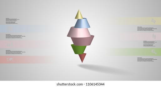 3D illustration infographic template with motif of horizontally sliced spiked cone to six color parts stands on top. Simple sign and text is in color banners. Background is light grey.