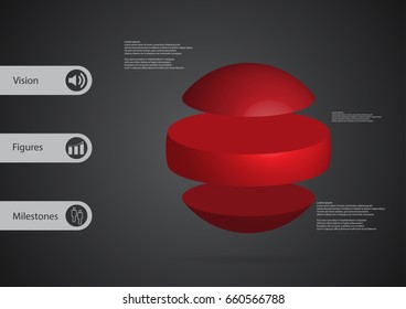 3D illustration infographic template with motif of ball horizontally divided to three standalone red sections with simple sign and sample text on side in bars. Dark grey gradient is used as background