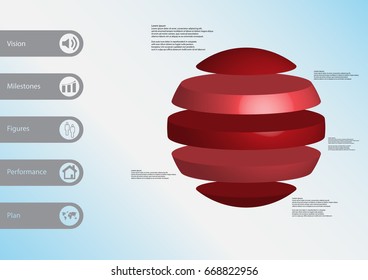 3D illustration infographic template with motif of ball horizontally divided to five standalone red sections with simple sign and sample text on side in bars. Light blue gradient is used as background