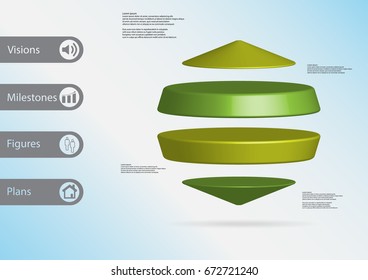 3D illustration infographic template with motif of two cylinders between two cones horizontally arranged with simple sign and sample text on side in bars. Light blue gradient is used as background.