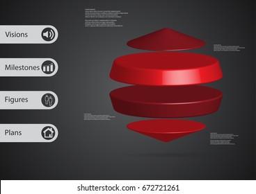 3D illustration infographic template with motif of two cylinders between two cones horizontally arranged with simple sign and sample text on side in bars. Dark grey gradient is used as background.