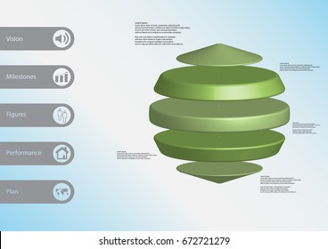 3D illustration infographic template with motif of three cylinders between two cones horizontally arranged with simple sign and sample text on side in bars. Light blue gradient is used as background.