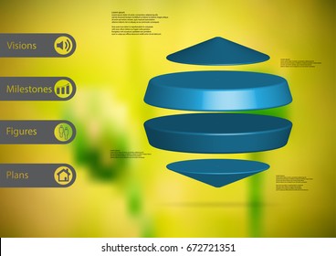 3D illustration infographic template with motif of two cylinders between two cones horizontally arranged with simple sign and sample text on side in bars. Blurred photo is used as background.