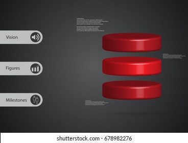 3D illustration infographic template with motif of cylinder horizontally divided to three red slices with simple sign and sample text on side in bars. Dark grey gradient is used as background.