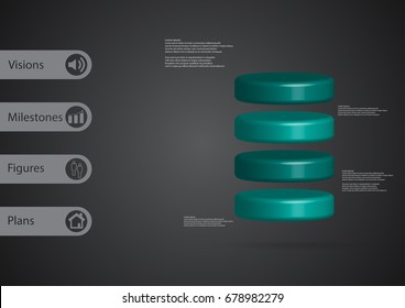 3D illustration infographic template with motif of cylinder horizontally divided to four blue slices with simple sign and sample text on side in bars. Dark grey gradient is used as background.