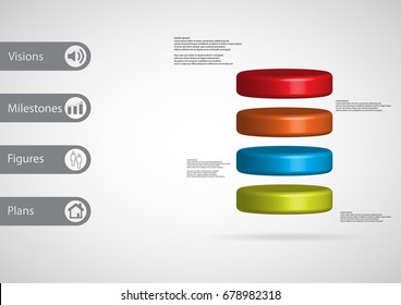 3D illustration infographic template with motif of cylinder horizontally divided to four color slices with simple sign and sample text on side in bars. Light grey gradient is used as background.