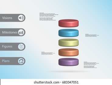 3D illustration infographic template with motif of cylinder horizontally divided to five color slices with simple sign and sample text on side in bars. Light blue gradient is used as background.