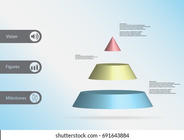 3D illustration infographic template with motif of cone triangle horizontally divided to three color slices with simple sign and sample text on side in bars. Light blue gradient is used as background.