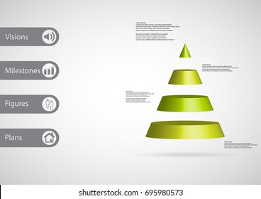 3D illustration infographic template with motif of cone triangle horizontally divided to four green slices with simple sign and sample text on side in bars. Light grey gradient is used as background.