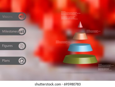 3D illustration infographic template with motif of cone triangle horizontally divided to four color slices with simple sign and sample text on side in bars. Blurred photo is used as background.