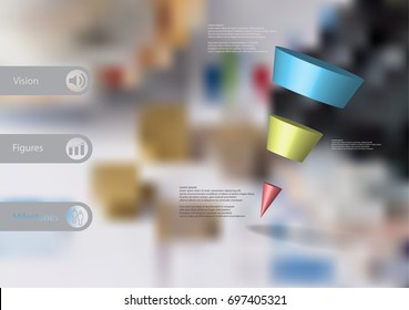 3D illustration infographic template with motif of sloping cone triangle horizontally divided to three color slices with simple sign and text on side in bars. Blurred photo used as background.