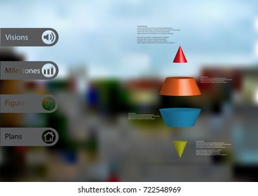 3D illustration infographic template with motif of two spike cone horizontally divided to four color slices with simple sign and text on side in bars. Blurred photo is used as background.