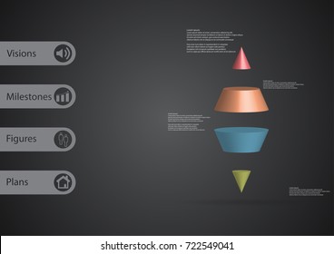 3D illustration infographic template with motif of two spike cone horizontally divided to four color slices with simple sign and text on side in bars. Dark grey gradient used as background.