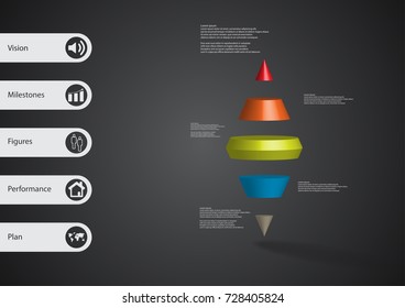 3D illustration infographic template with motif of two spike cone horizontally divided to five color slices with simple sign and text on side in bars. Dark grey gradient used as background.