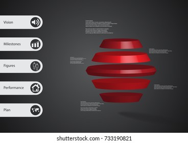 3D illustration infographic template with motif of round hexagon horizontally divided to five red slices with simple sign and text on side in bars. Dark grey gradient used as background.