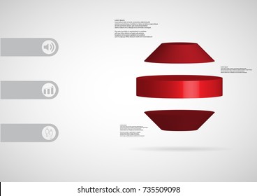 3D illustration infographic template with motif of round octagon horizontally divided to three red slices with simple sign and text on side in bars. Light grey gradient used as background.