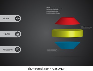 3D illustration infographic template with motif of round octagon horizontally divided to three color slices with simple sign and text on side in bars. Dark grey gradient used as background.