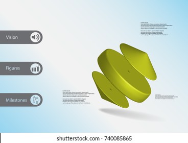 3D illustration infographic template with motif of cylinder between two cones askew arranged with simple sign and sample text on side in bars. Light blue gradient is used as background.