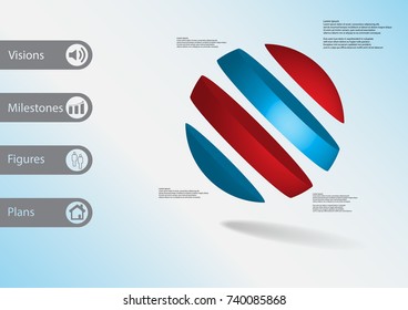 3D illustration infographic template with motif of ball askew divided to four color slices with simple sign and text on side in bars. Light blue gradient used as background.