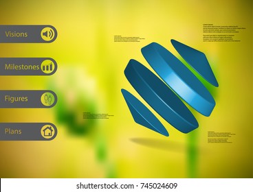 3D illustration infographic template with motif of two cylinders between two cones askew arranged with simple sign and sample text on side in bars. Blurred photo is used as background.