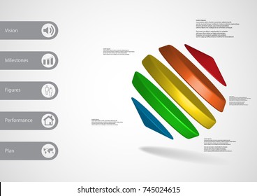 3D illustration infographic template with motif of three cylinders between two cones askew arranged with simple sign and sample text on side in bars. Light grey gradient is used as background.