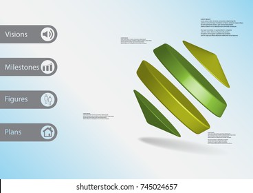 3D illustration infographic template with motif of two cylinders between two cones askew arranged with simple sign and sample text on side in bars. Light blue gradient is used as background.