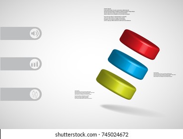 3D illustration infographic template with motif of three color cylinders askew arranged with simple sign and sample text on side in bars. Light grey gradient is used as background.