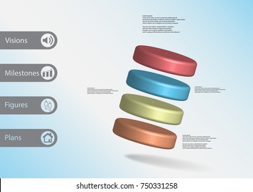 3D illustration infographic template with motif of four color cylinders askew arranged with simple sign and sample text on side in bars. Light blue gradient is used as background.