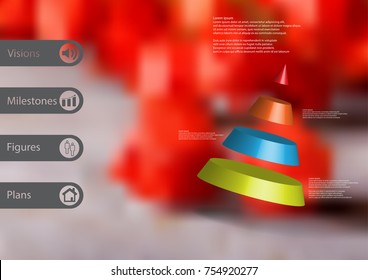 3D illustration infographic template with motif of cone divided to four color parts askew arranged with simple sign and sample text on side in bars. Blurred photo is used as background.