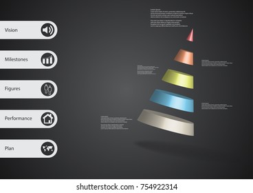 3D illustration infographic template with motif of cone divided to five color parts askew arranged with simple sign and sample text on side in bars. Dark grey gradient is used as background.